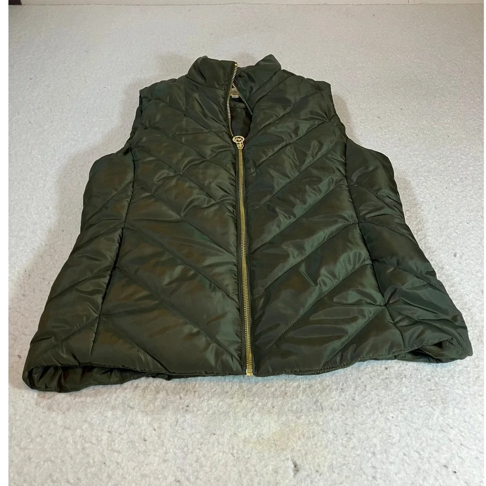 Michael Kors Womens Olive Green Quilted Puffer Vest Gold Hardware Size Small